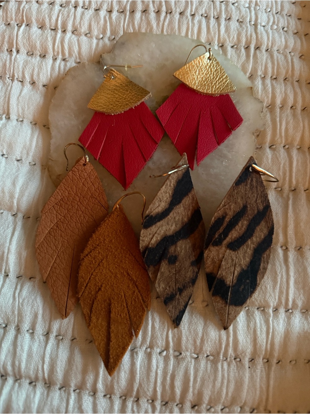 Handcrafted Leather Fringe & Feather Earrings - Red, Tan, Brown (Set of 3)